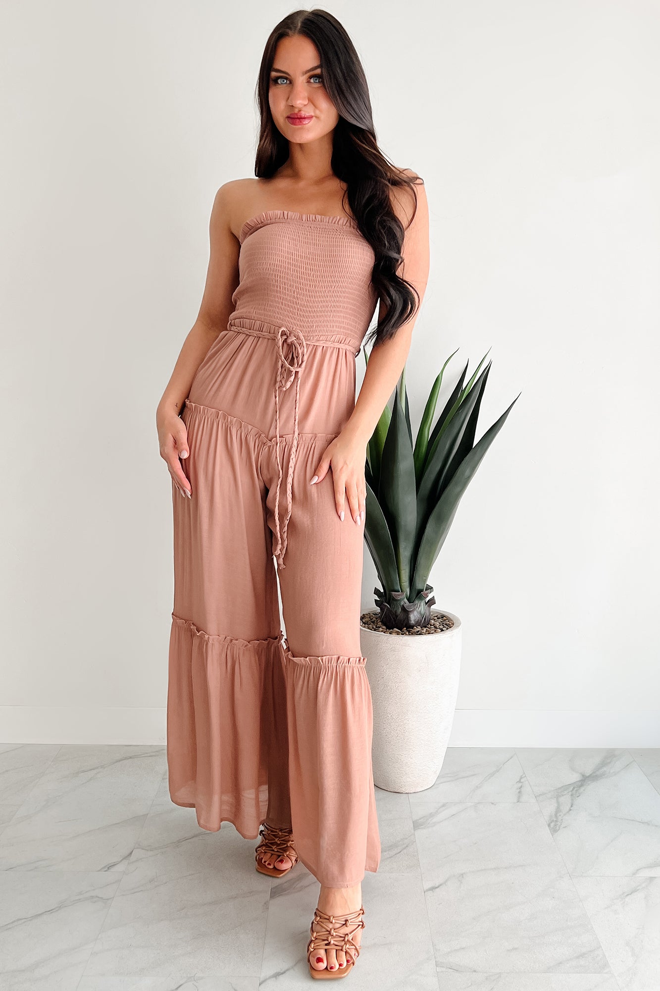 Glam Goddess Strapless Smocked Jumpsuit (Clay)