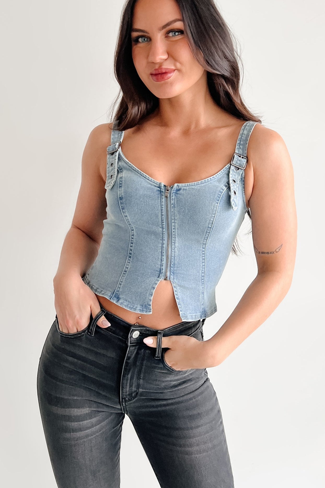 Lady's First Zip Up Denim Tank Top (Light Blue)