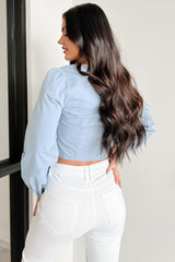 Hummingbird Kisses Tie Front Scallop Trim Top (Blue)