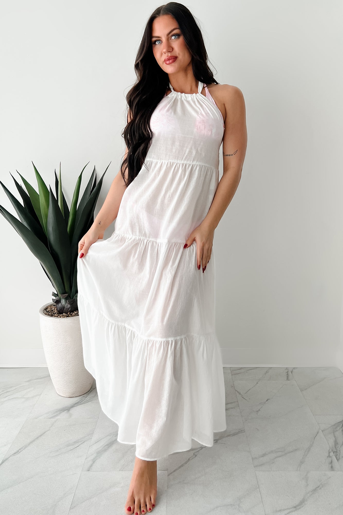 Reach To The Skies Halter Maxi Coverup Dress (Off White)