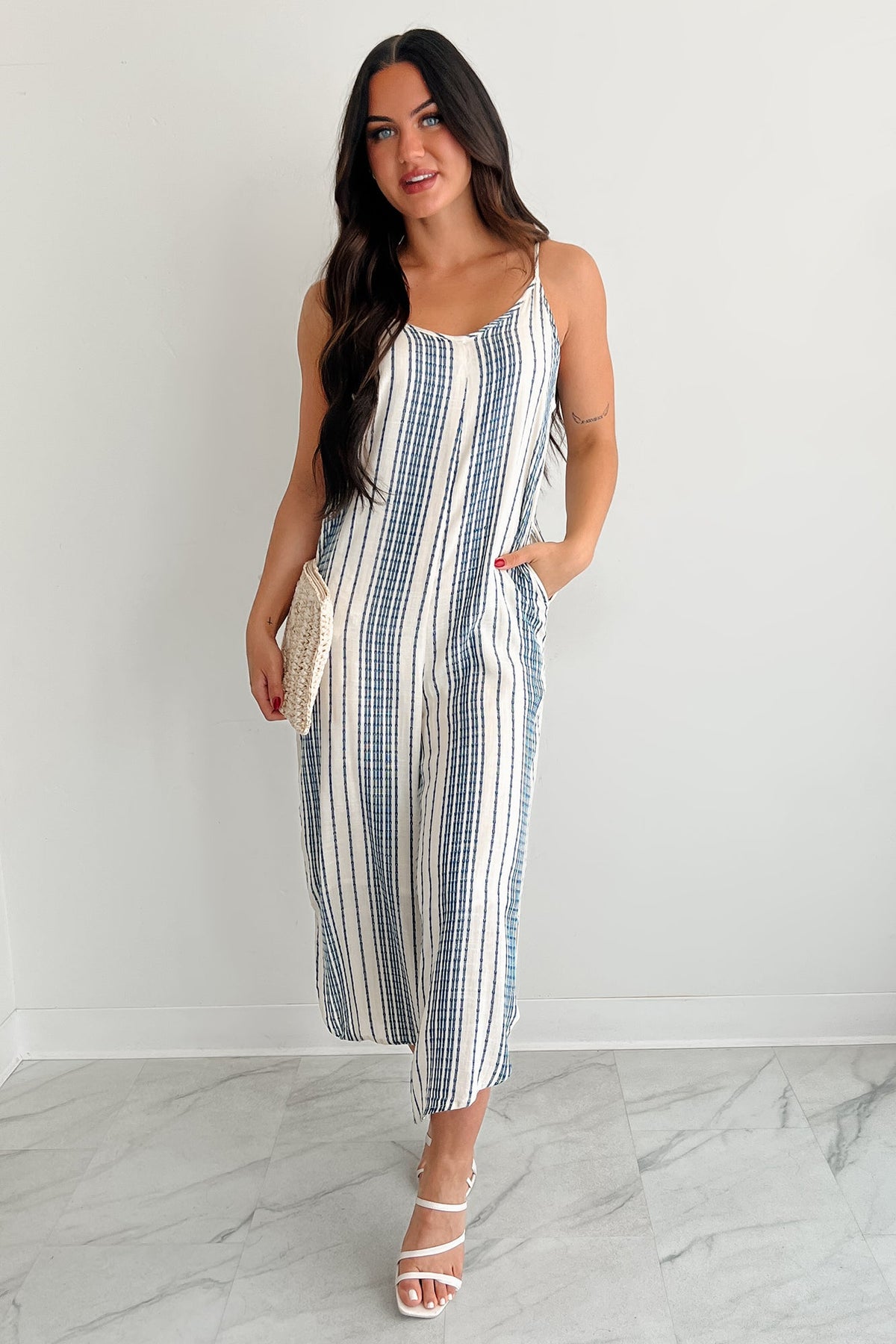 Worn With The Wind Sleeveless Striped Jumpsuit (Ivory/ Blue)