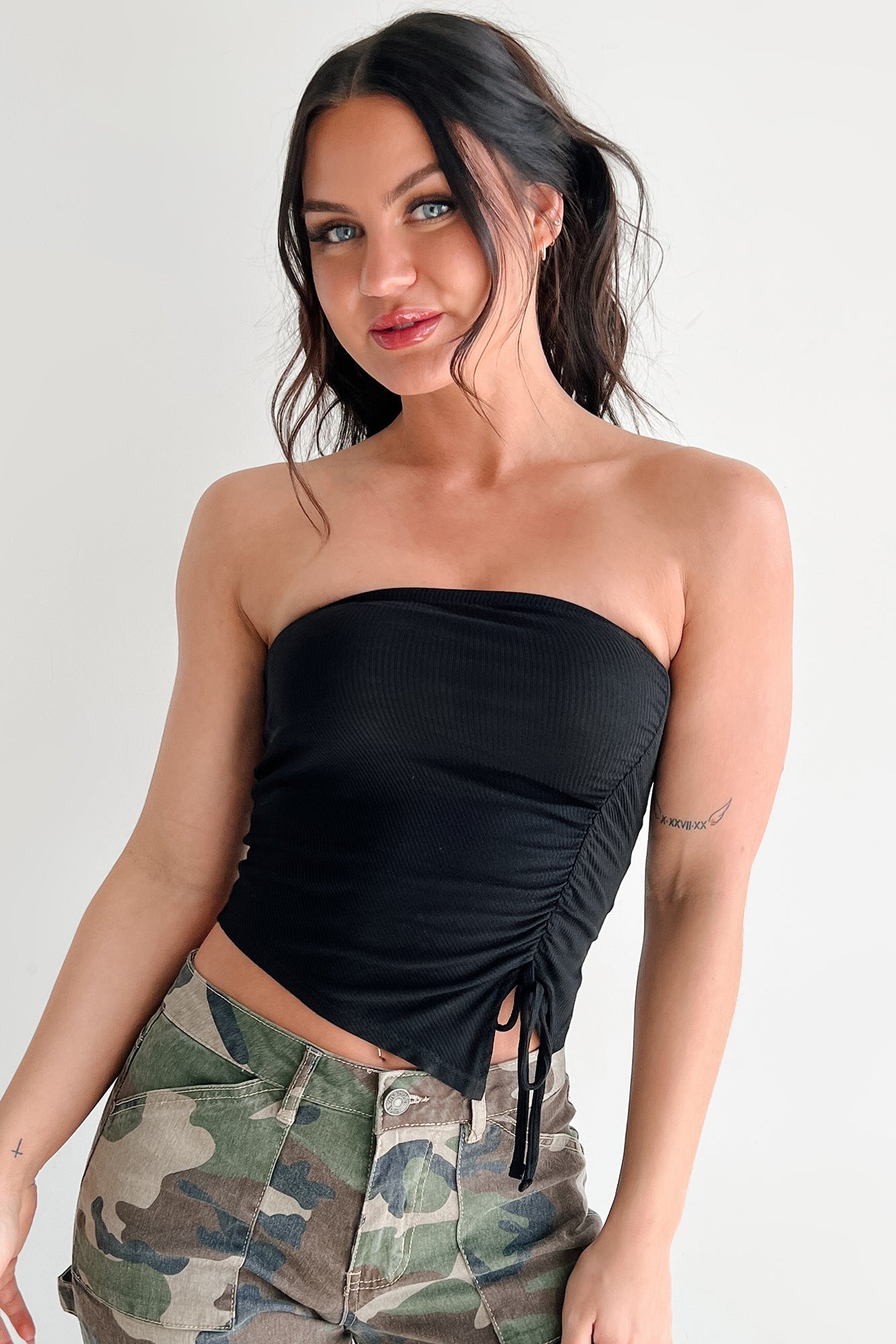 Count Me In Side Ruched Asymmetric Tube Top (Black)