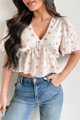 Irresistible Feelings Flutter Sleeve V-Neck Top (White/Coral)