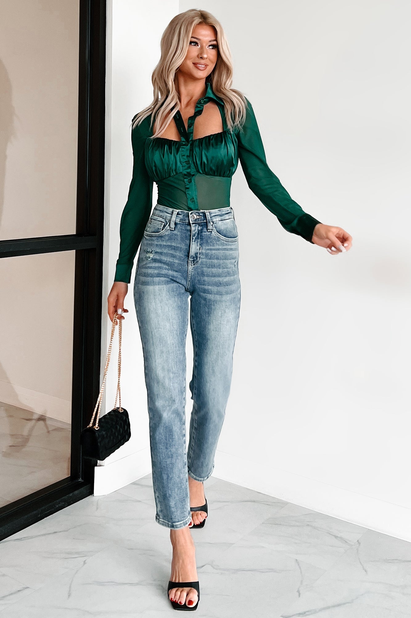 Corporate Hottie Satin Mesh Long Sleeve Bodysuit (Hunter)
