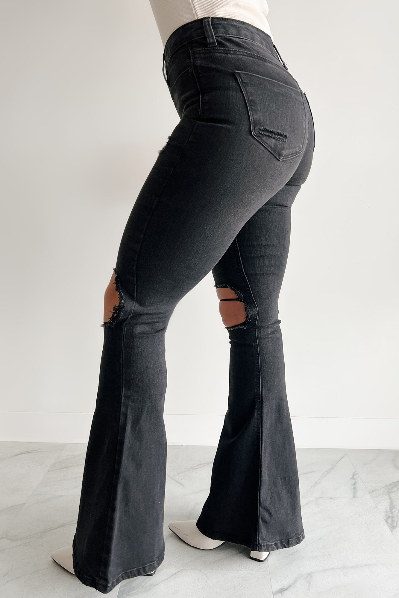 Finnick High Rise Distressed Indigo Reign Flare Jeans (Black)