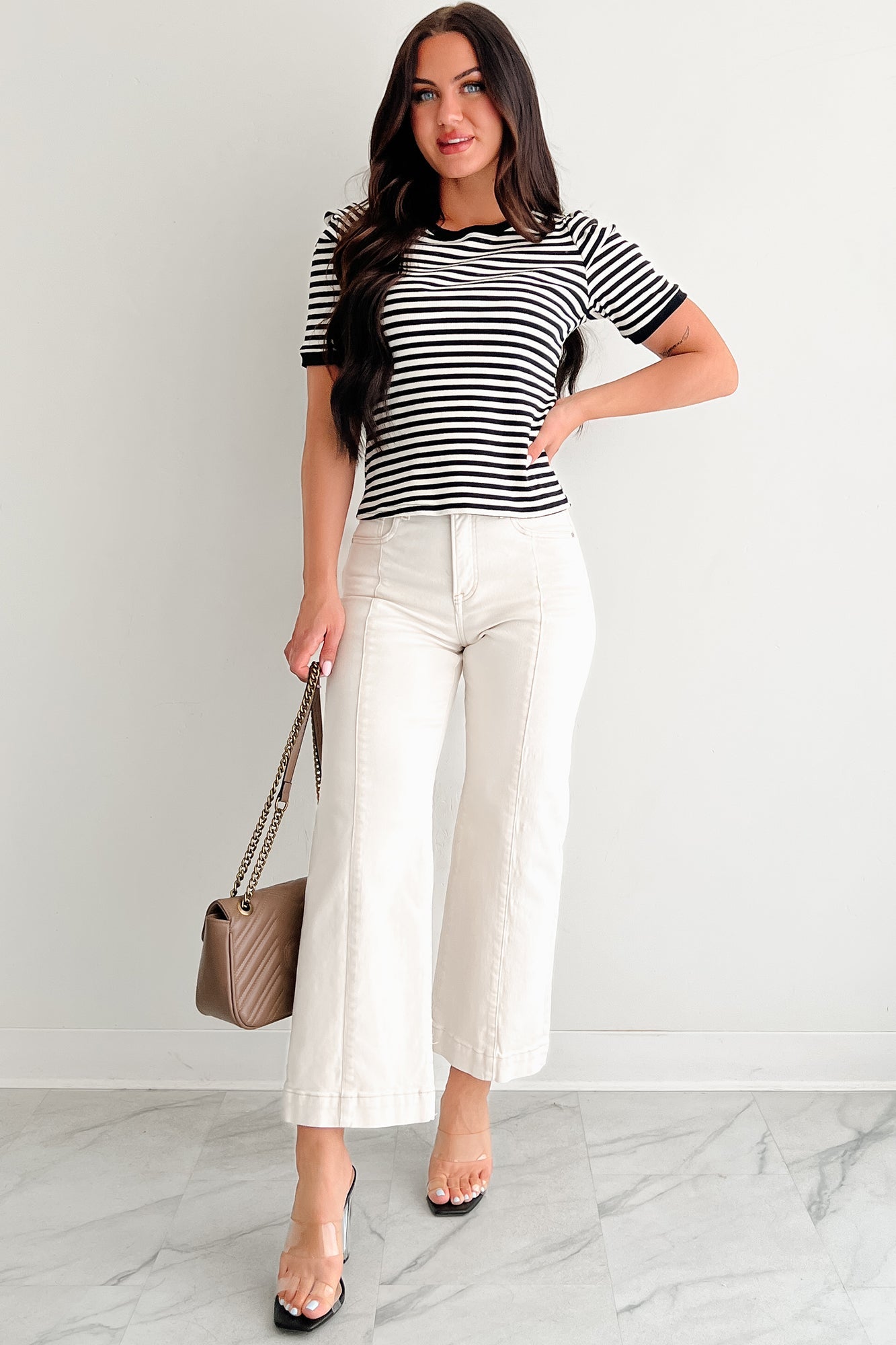Casual & Cool Striped Puff Shoulder Top (Black/Ivory)