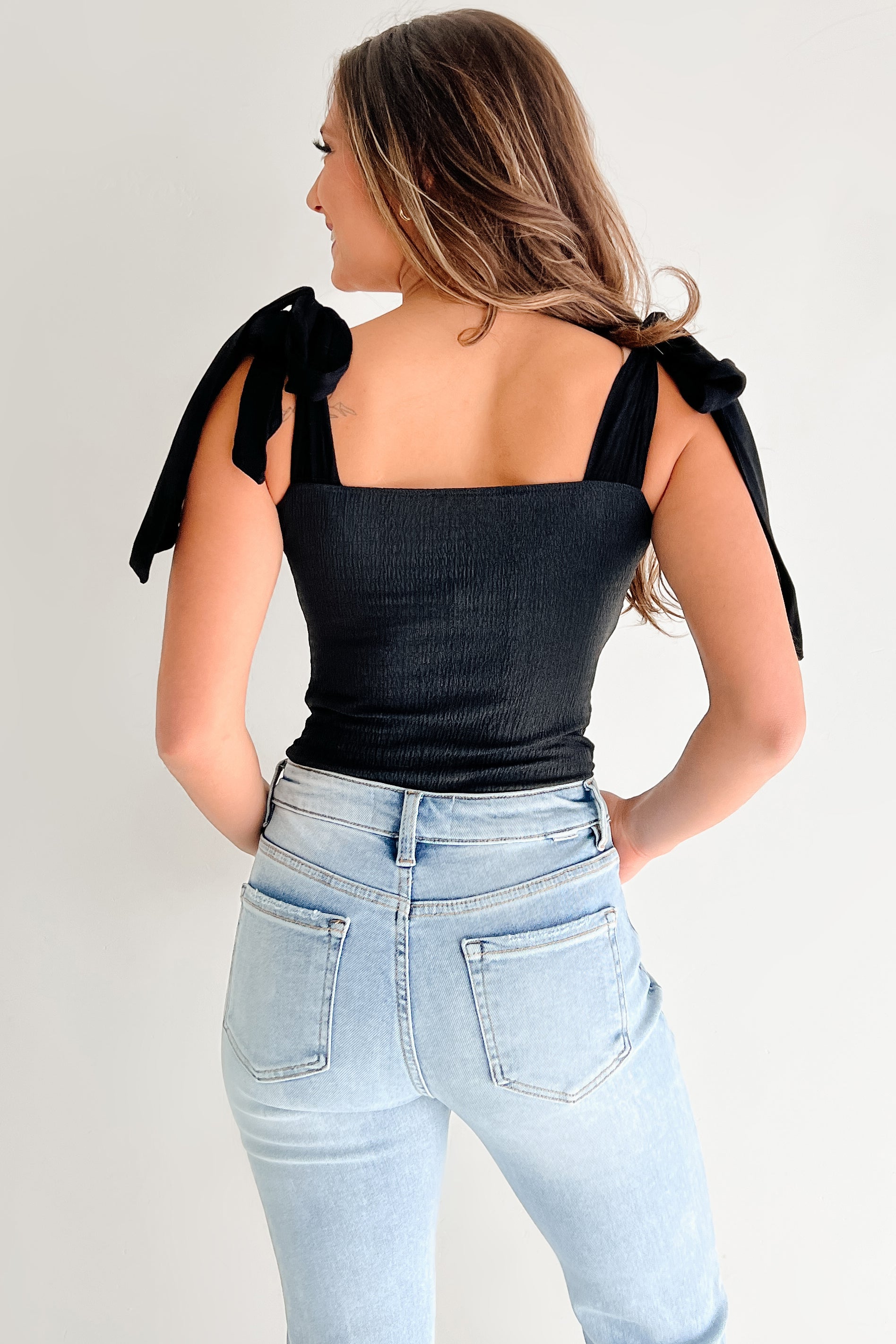 A Stitch In Time V-Notch Tie Strap Bodysuit (Black)
