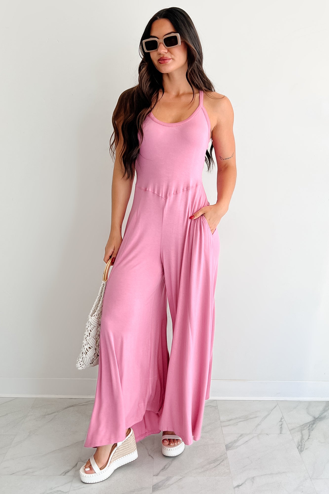 Cloud Naps Sleeveless Cross Back Jumpsuit (Pink)