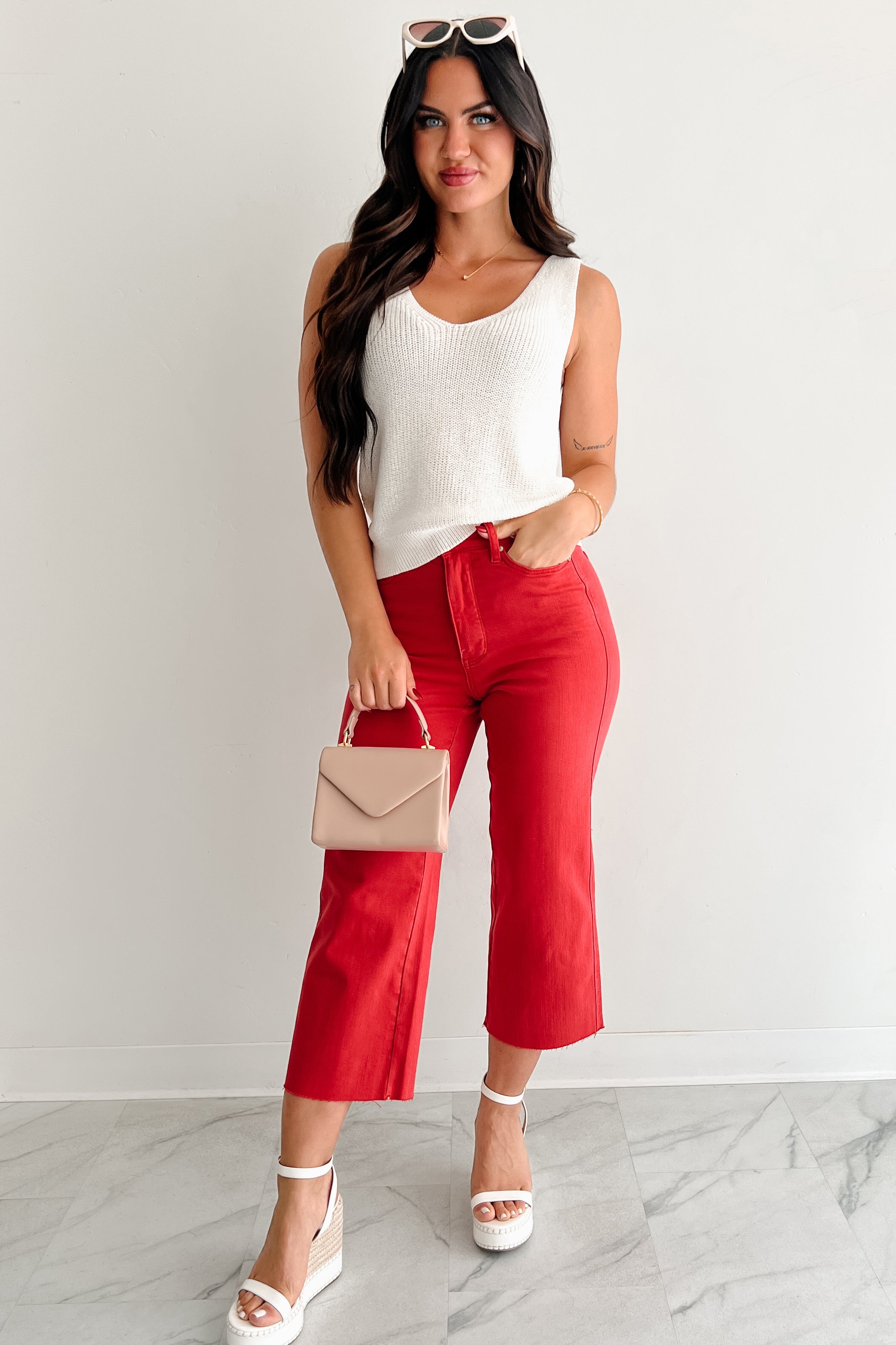 Eddie Tummy Control Wide Crop Judy Blue Jeans (Red)