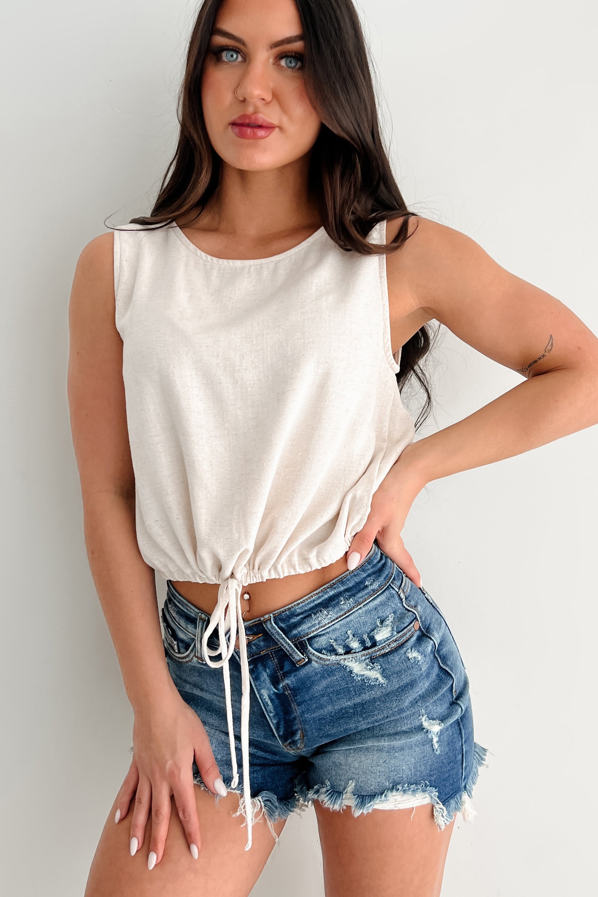Earth Moments Sleeveless Linen Drawstring Top (Oat)