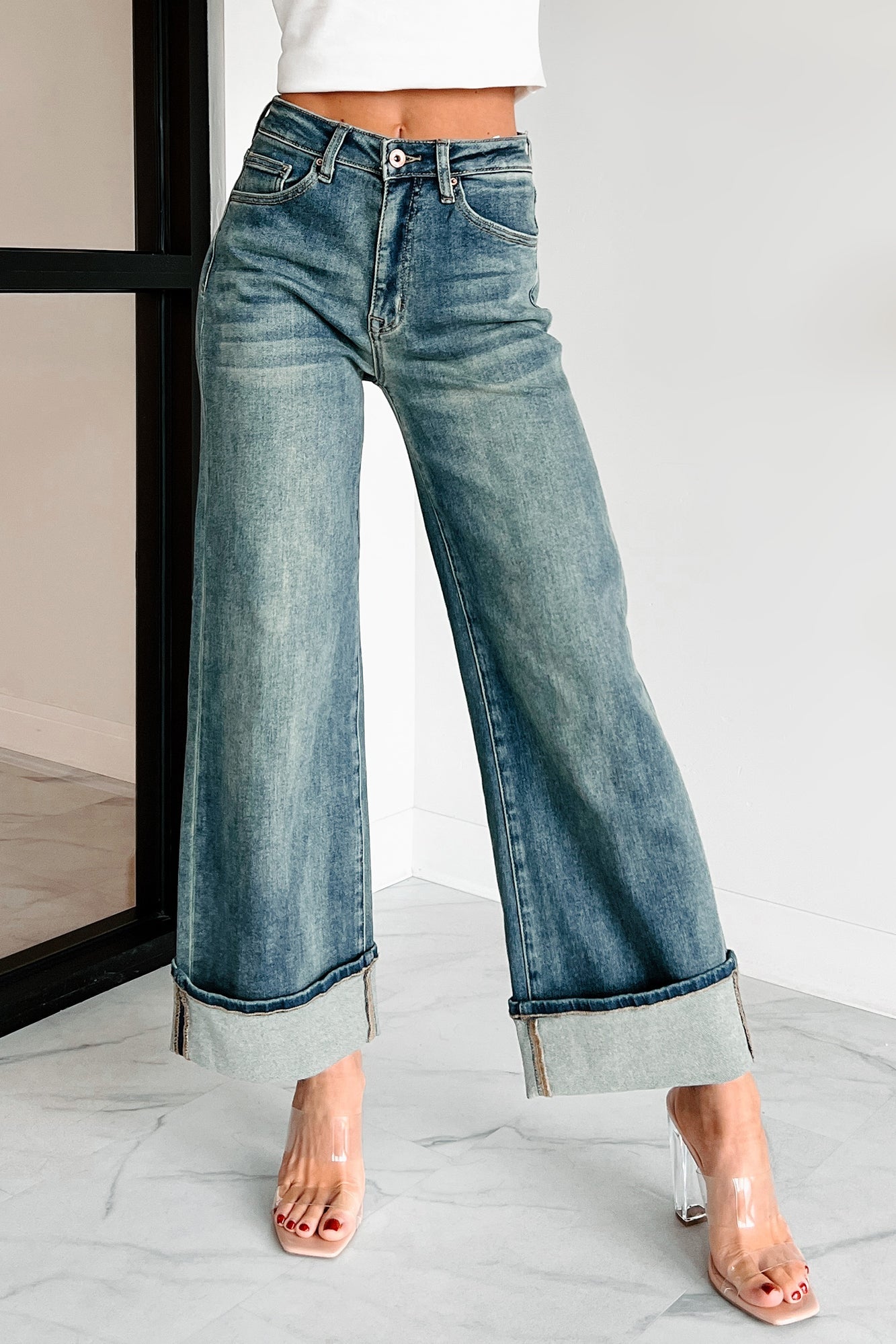 Aiden Special A High Rise Dirty Wash Wide Leg Jeans (Dark)