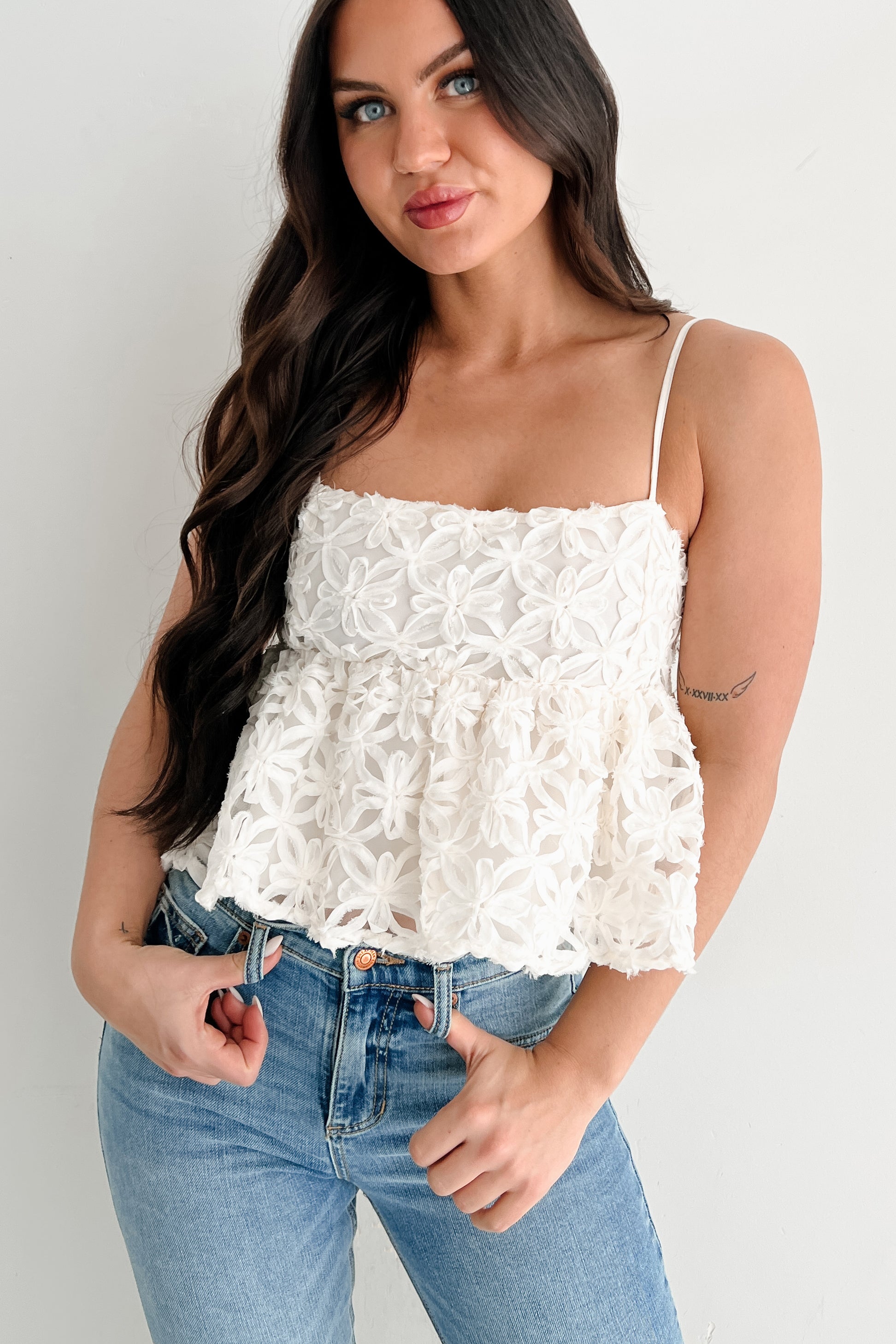 Modern Icon Textured Floral Babydoll Tank (Cream)