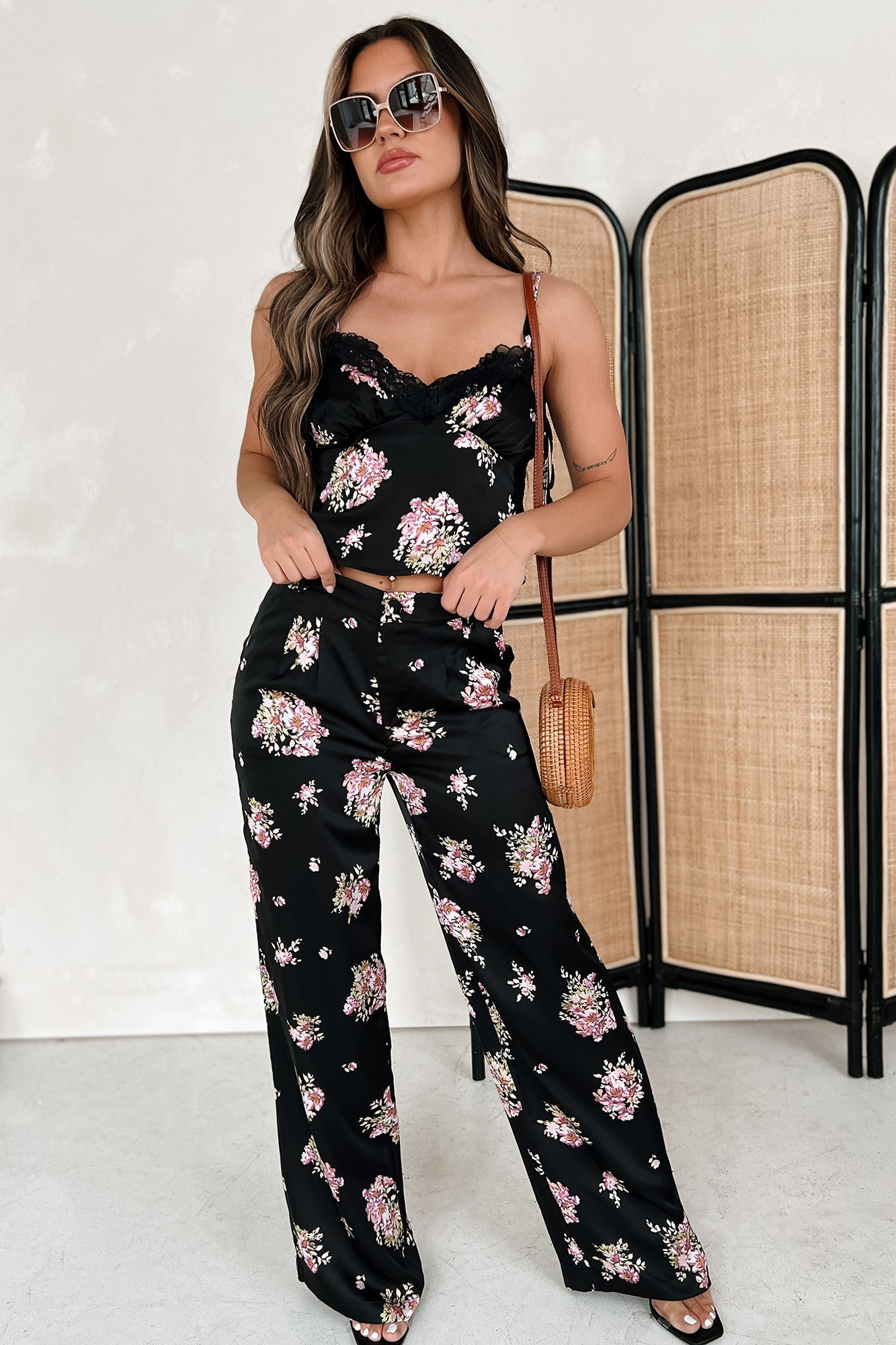 Keeping The Romance Alive Satin Floral Cami Top (Black)