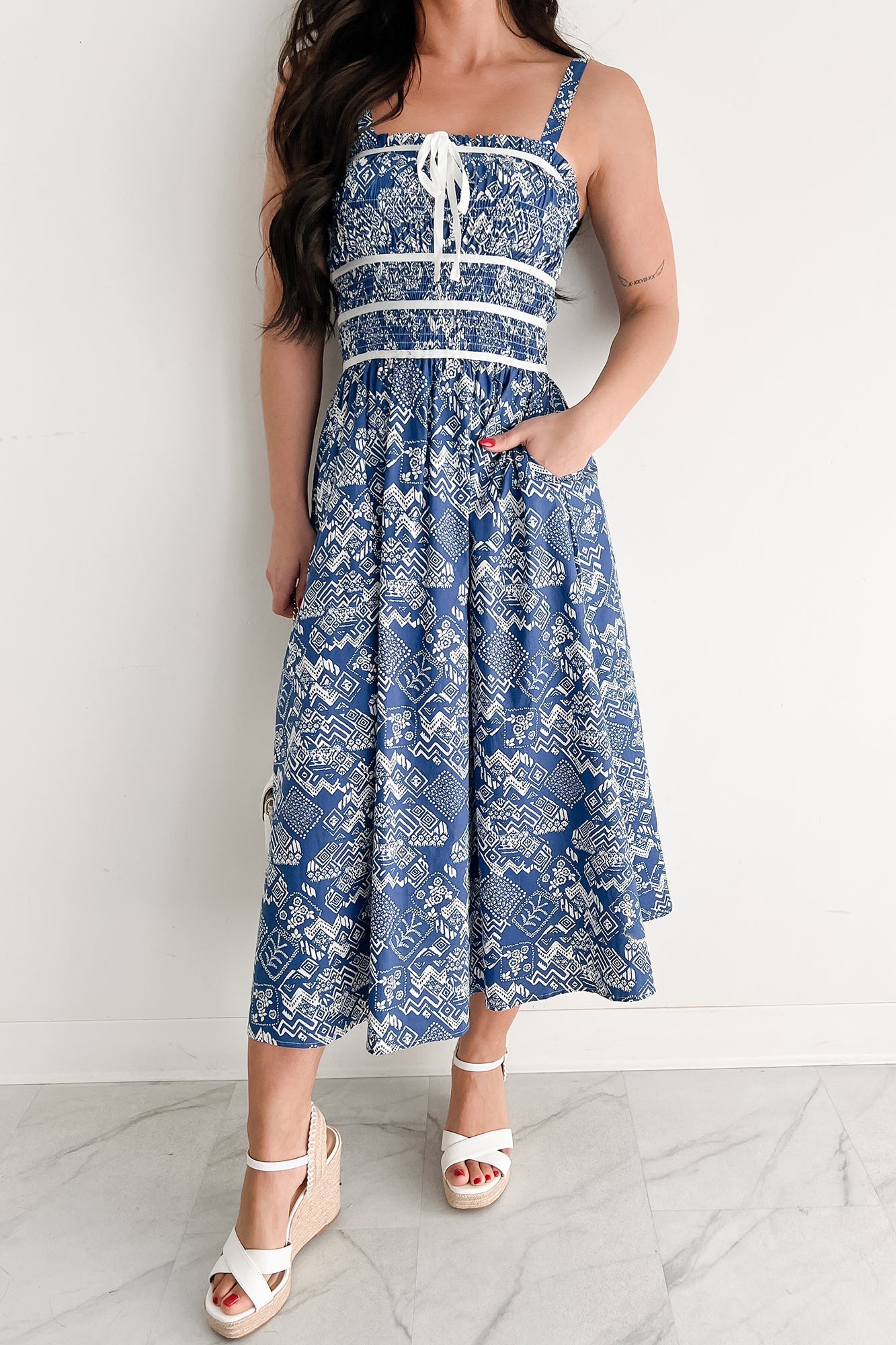 Deeply Devoted Smocked Printed Midi Dress (Denim Blue)