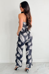Palm Plans Strapless Leaf Print Jumpsuit (Black)