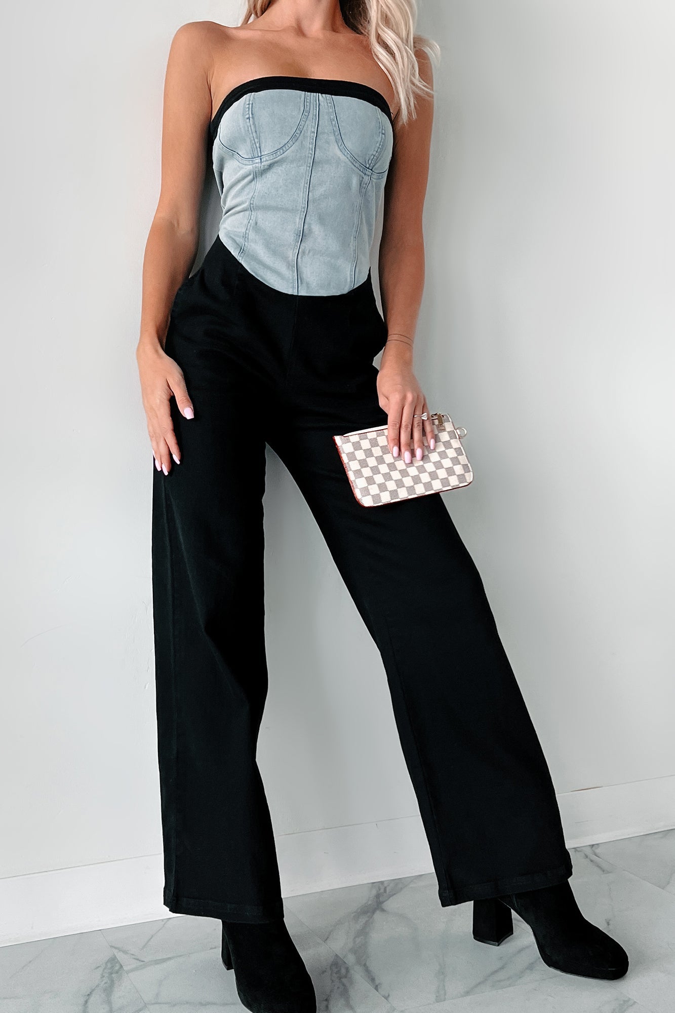 DOORBUSTER Blocking The Haters Denim Contrast Jumpsuit (Black/Denim)