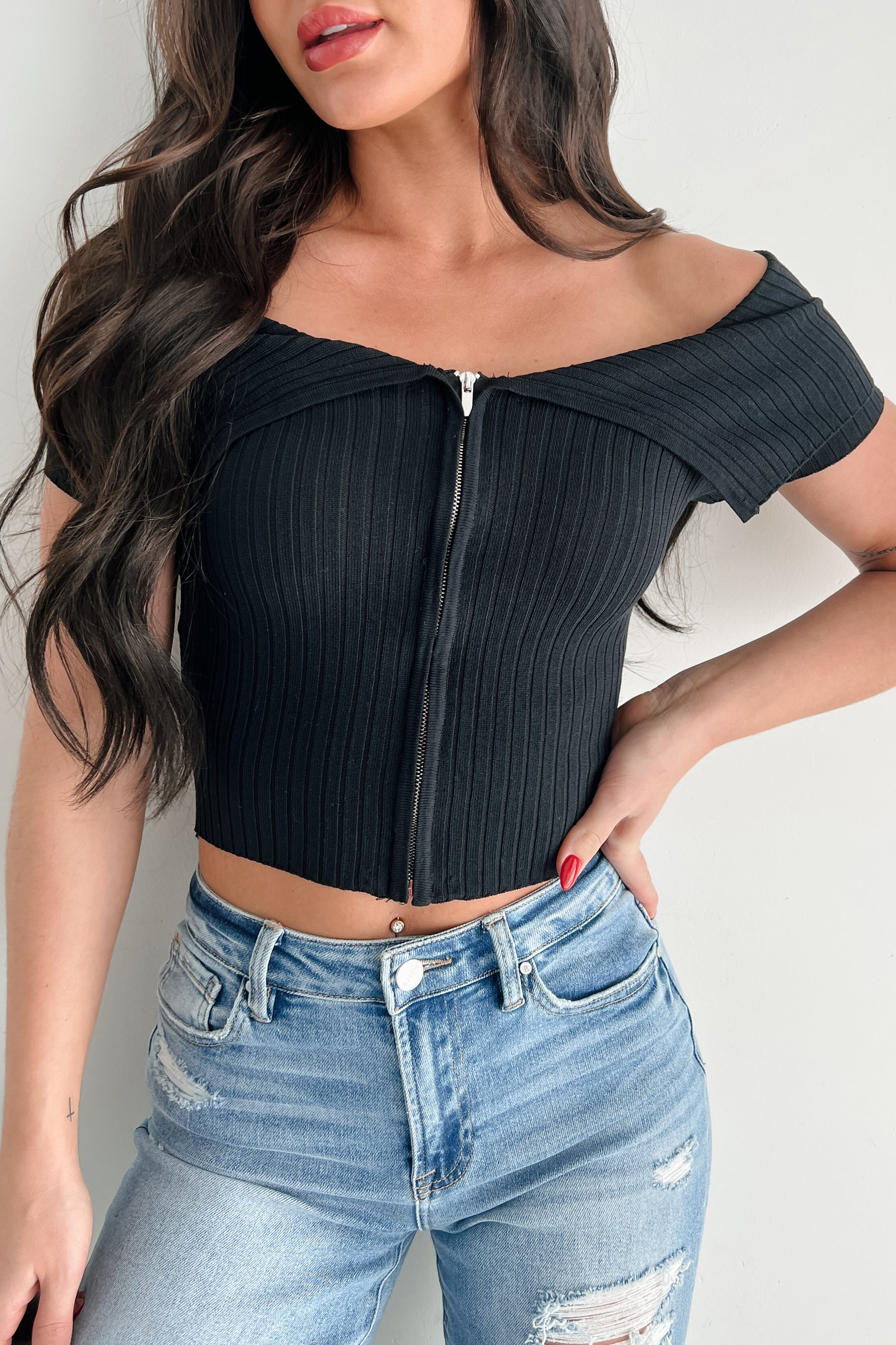 Relaxed Yet Refined Off Shoulder Zip-Up Top (Black)
