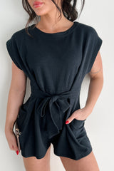 Easy Going Days Tie Front Waffle Knit Romper (Black)