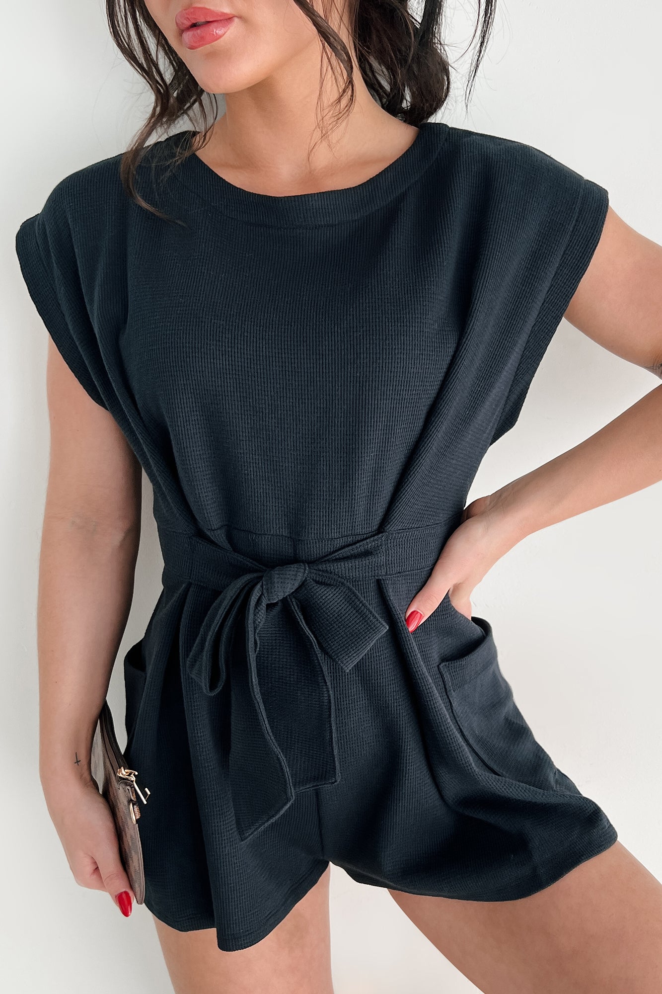 Easy Going Days Tie Front Waffle Knit Romper (Black)