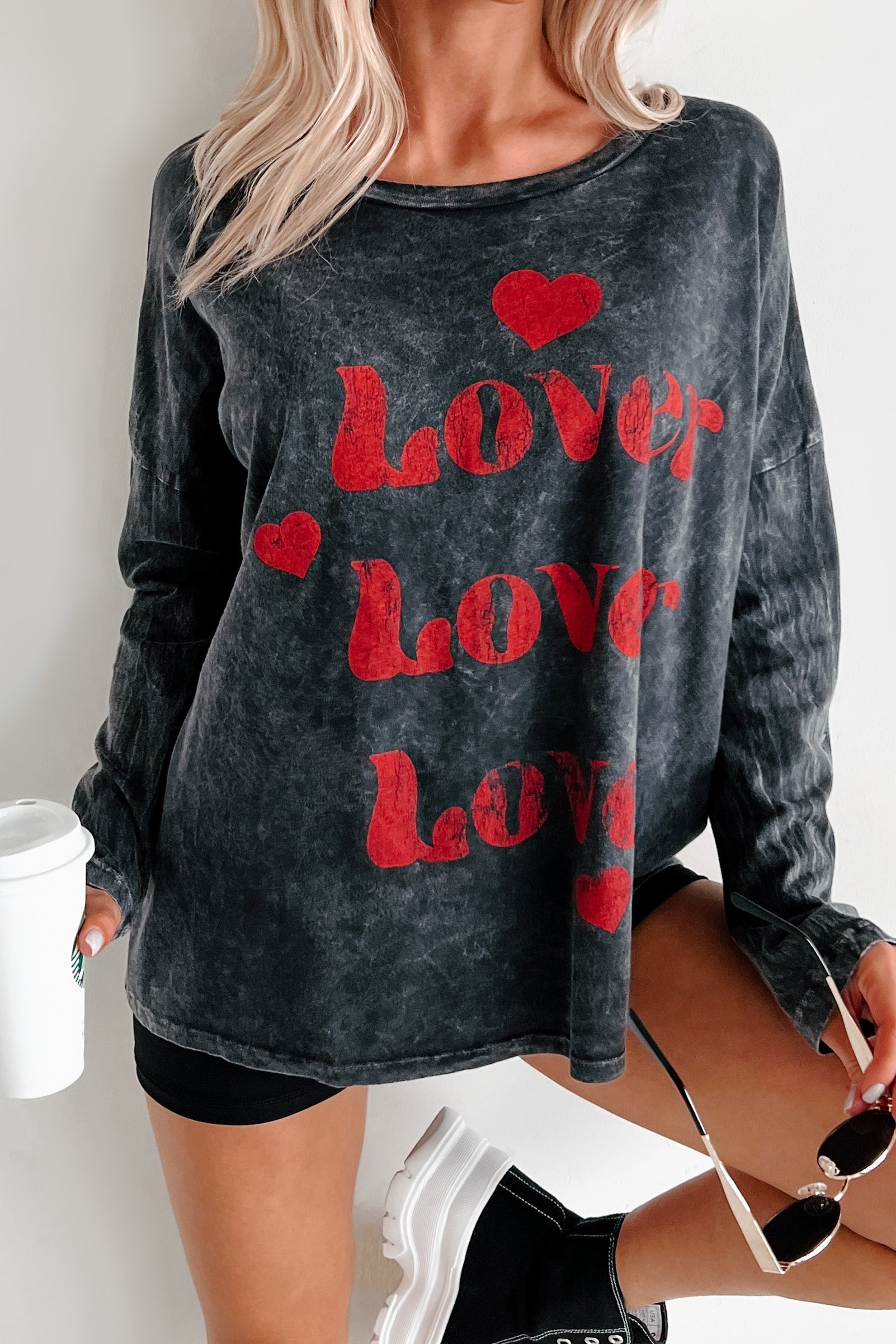 Be My "Lover" Acid Wash Graphic Top (Charcoal)