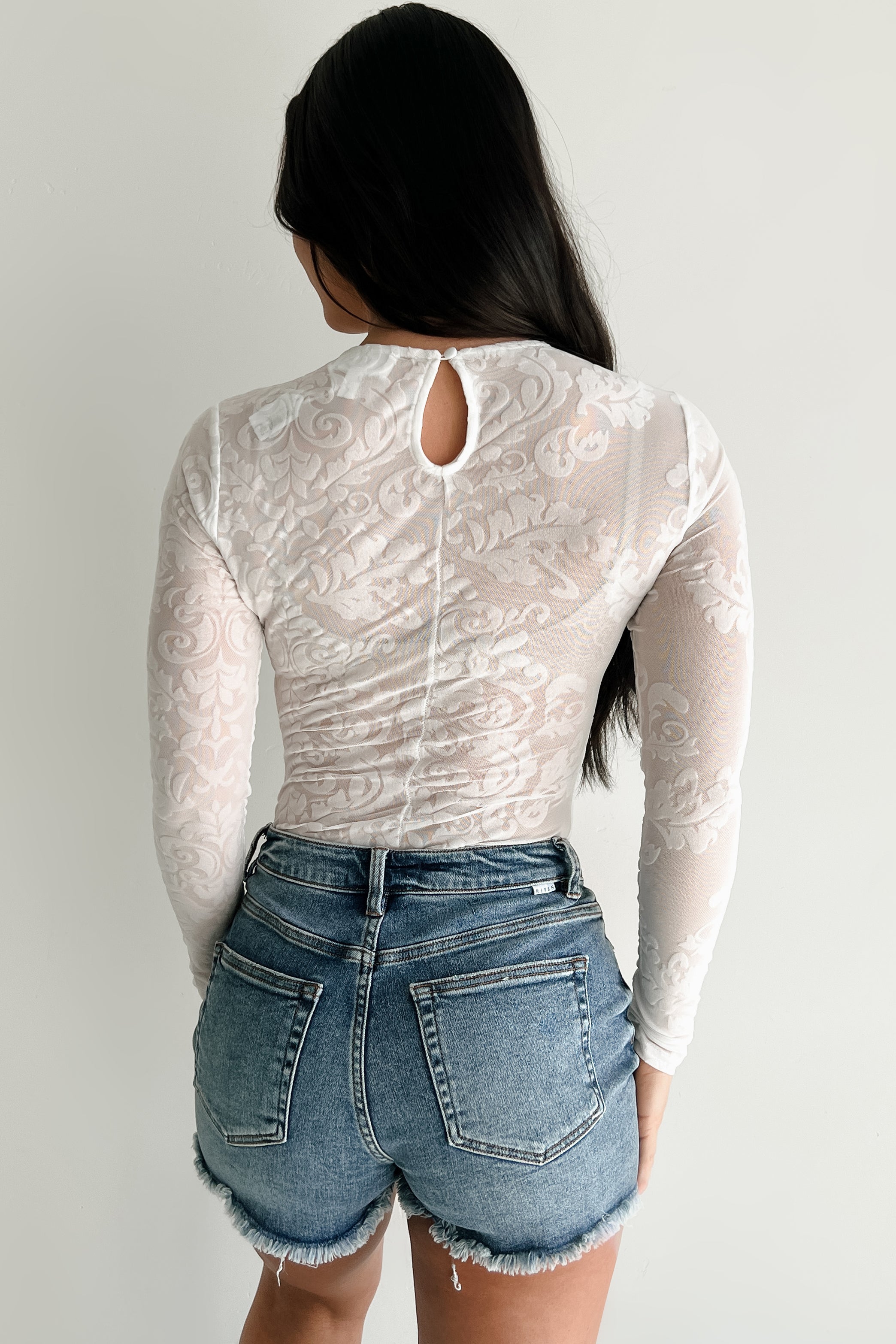 Modern Flair Long Sleeve Flocked Mesh Bodysuit (Ivory)