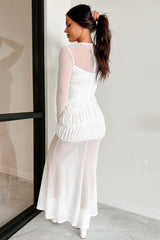 Sipping My Problems Away Shirred Mesh Maxi Dress (White)
