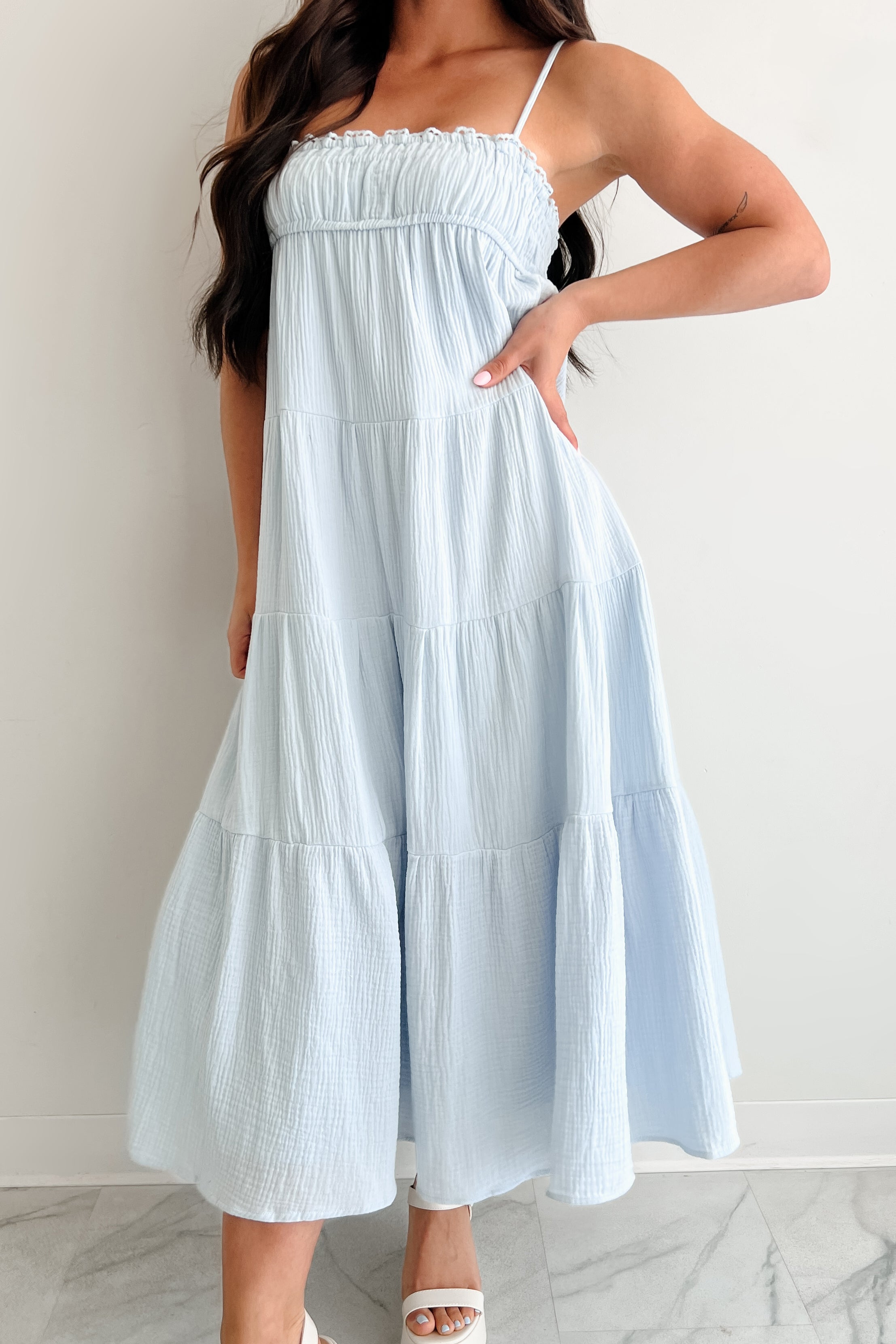 Twilight Glow Sleeveless Tiered Maxi Dress (Light Blue)