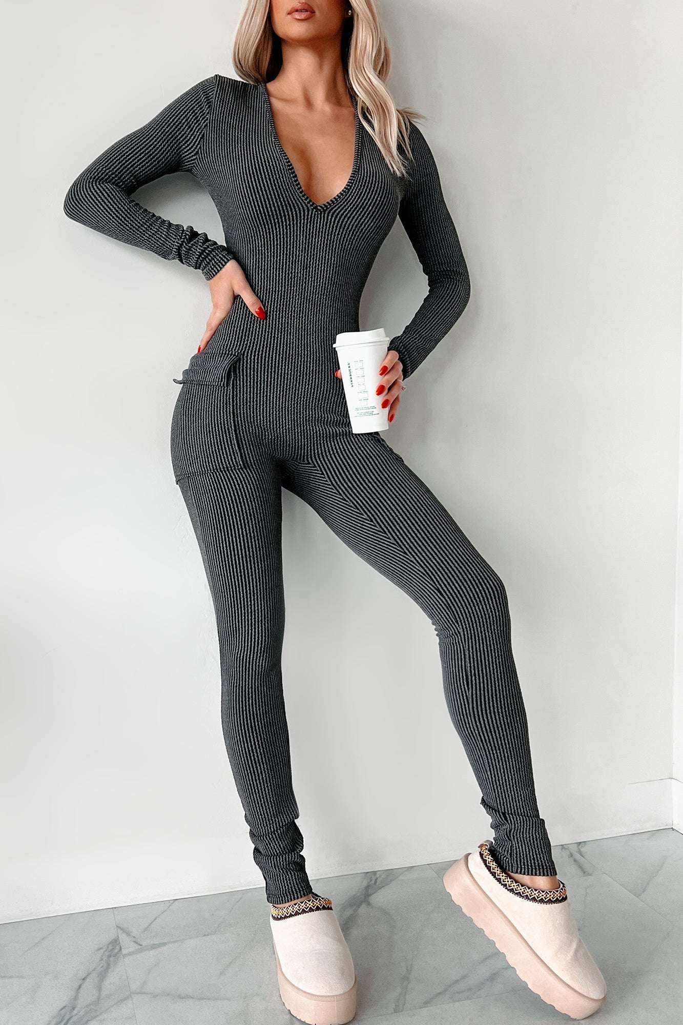 Beautiful Curves Ribbed Cut-Out Back Jumpsuit (Black)