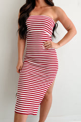 Cushioned Escape Strapless Bodycon Midi Dress (Red/White)
