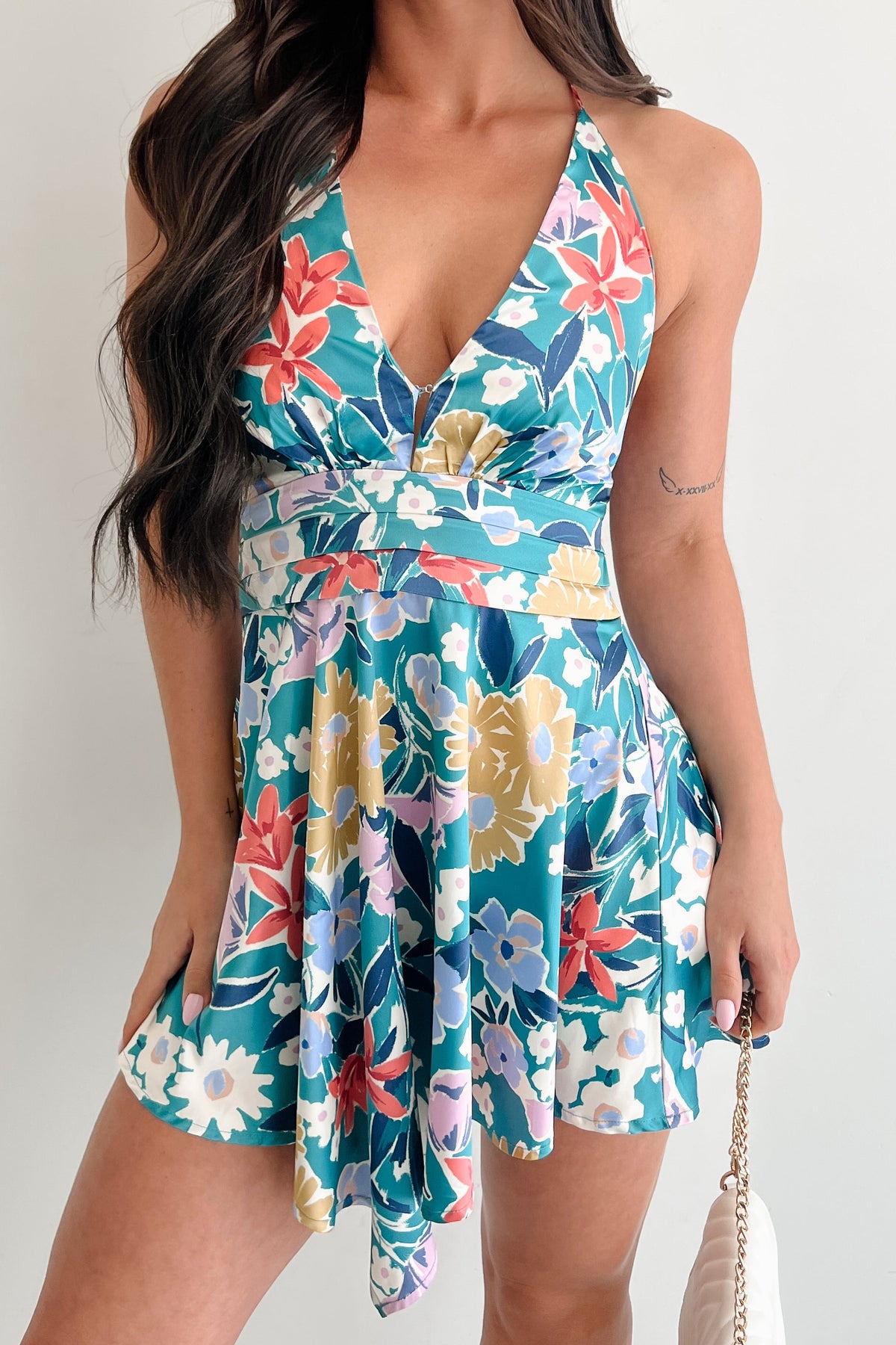 Smile Brighter Floral Halter Mini Dress (Pine Green)