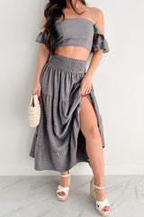 Laugh Till It Hurts Two Piece Ruffle Skirt Set (Charcoal)