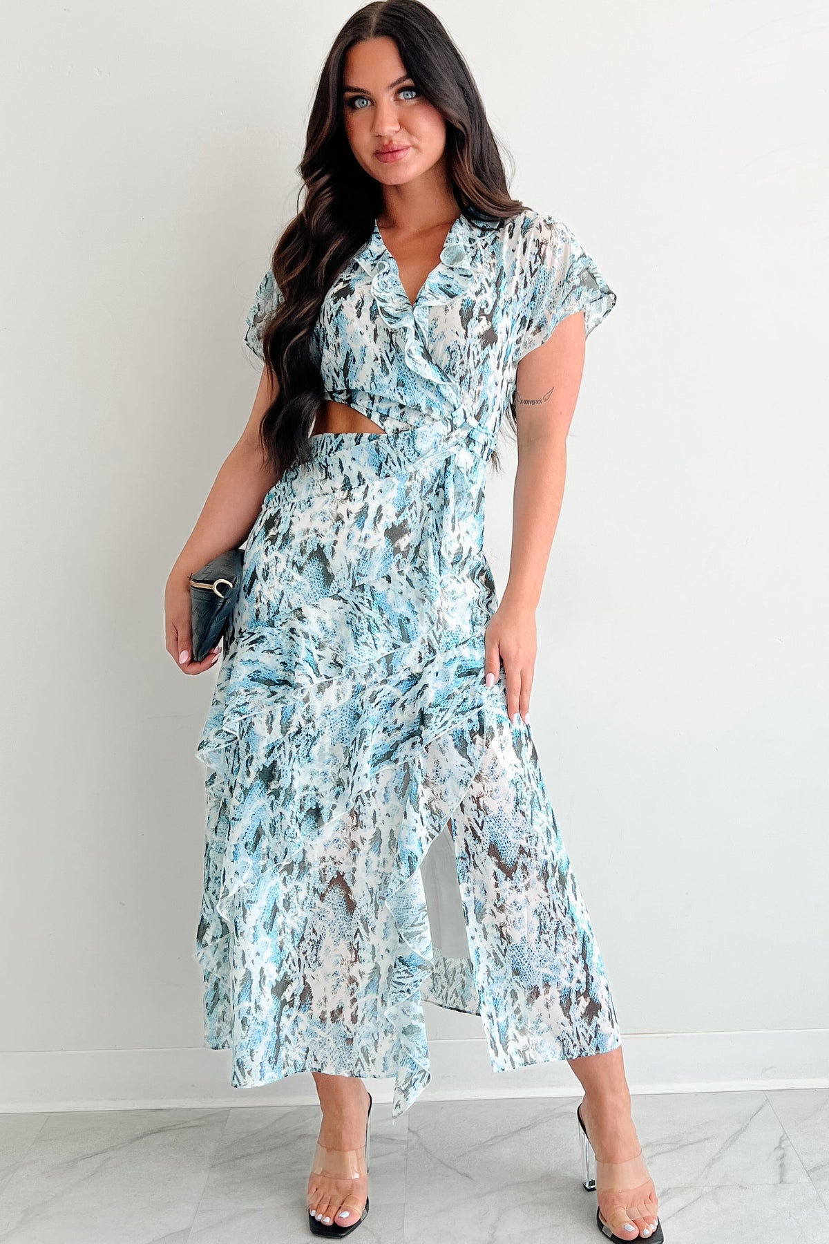 Heart Of Gold Printed Ruffle Maxi Dress (Blue)