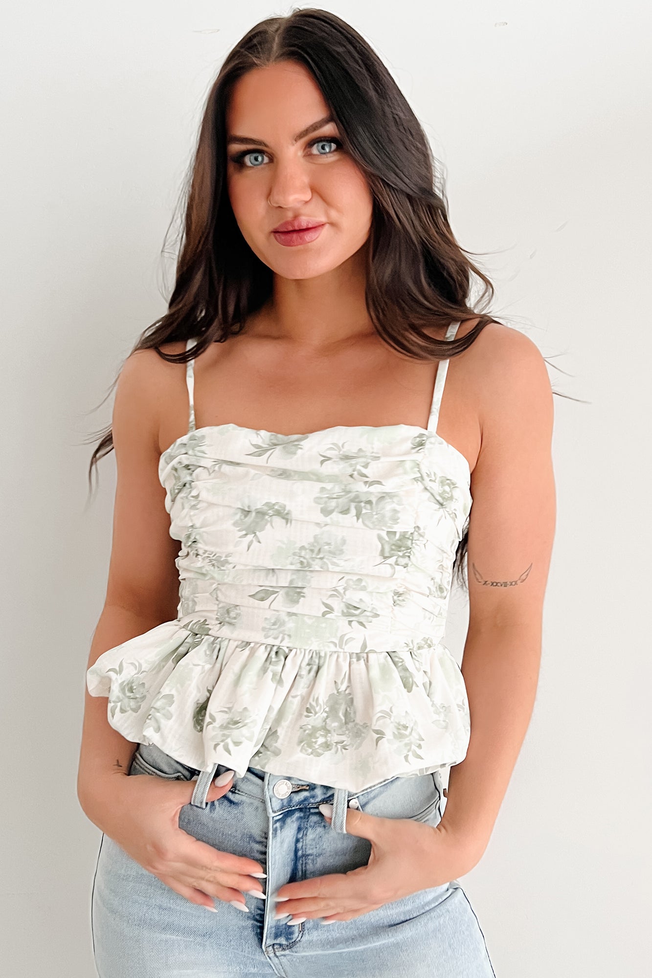 Nature's Palette Ruched Floral Peplum Tank (Sage)