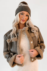 She's Fire Faux Leather Fur Trim Crop Jacket (Chocolate)