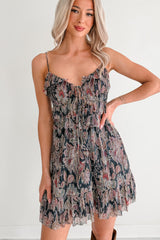 Metallic Floral Plisse Front Tie Mini Dress (Navy Multi)