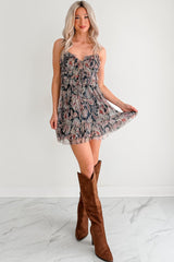 Metallic Floral Plisse Front Tie Mini Dress (Navy Multi)