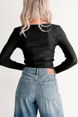 Piece Of Me Rib Knit Contrast Stitch Fitted Long Sleeve Top (Black)