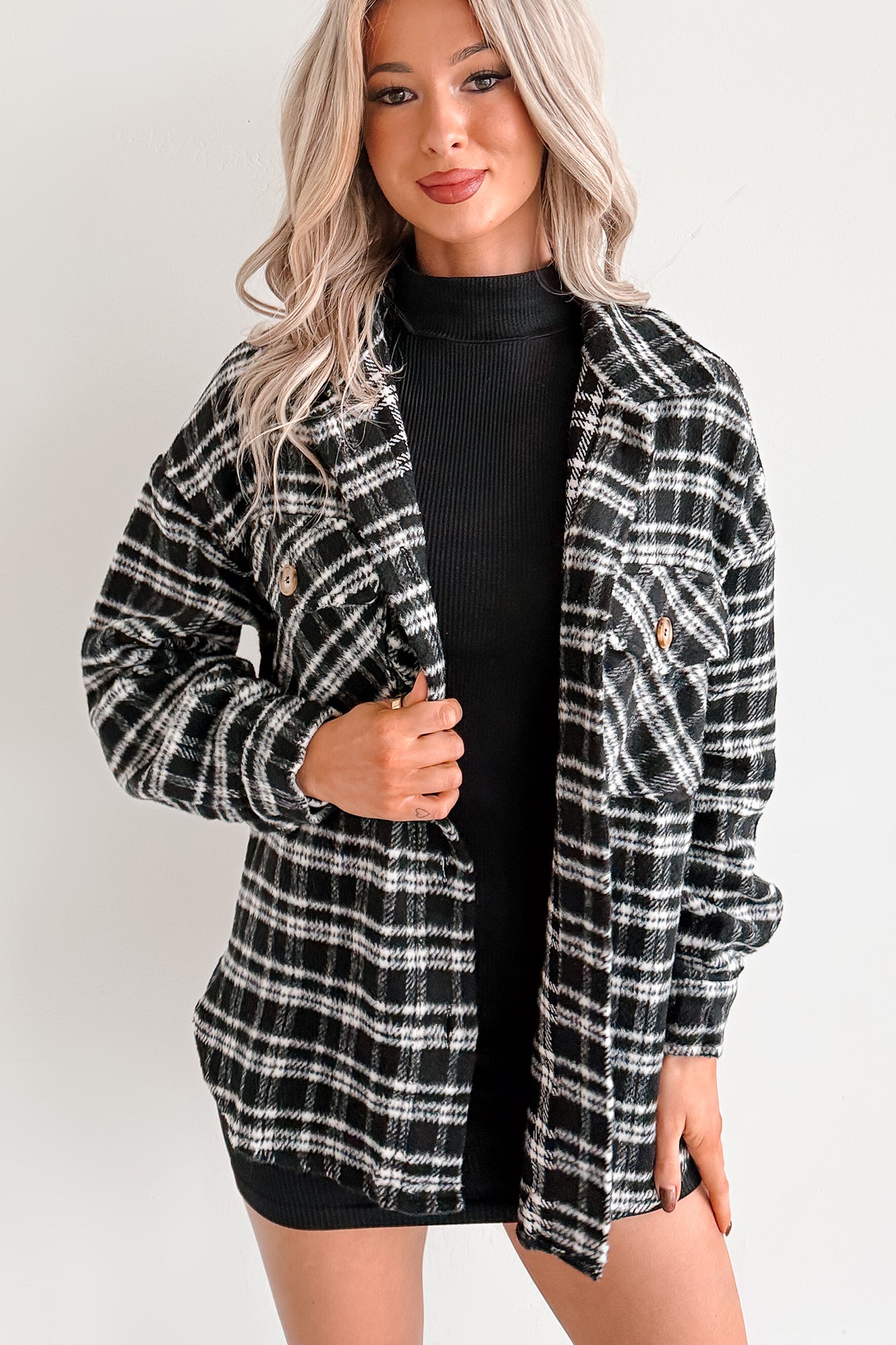 Laid Back Life Plaid Long Sleeve Shacket (Black)