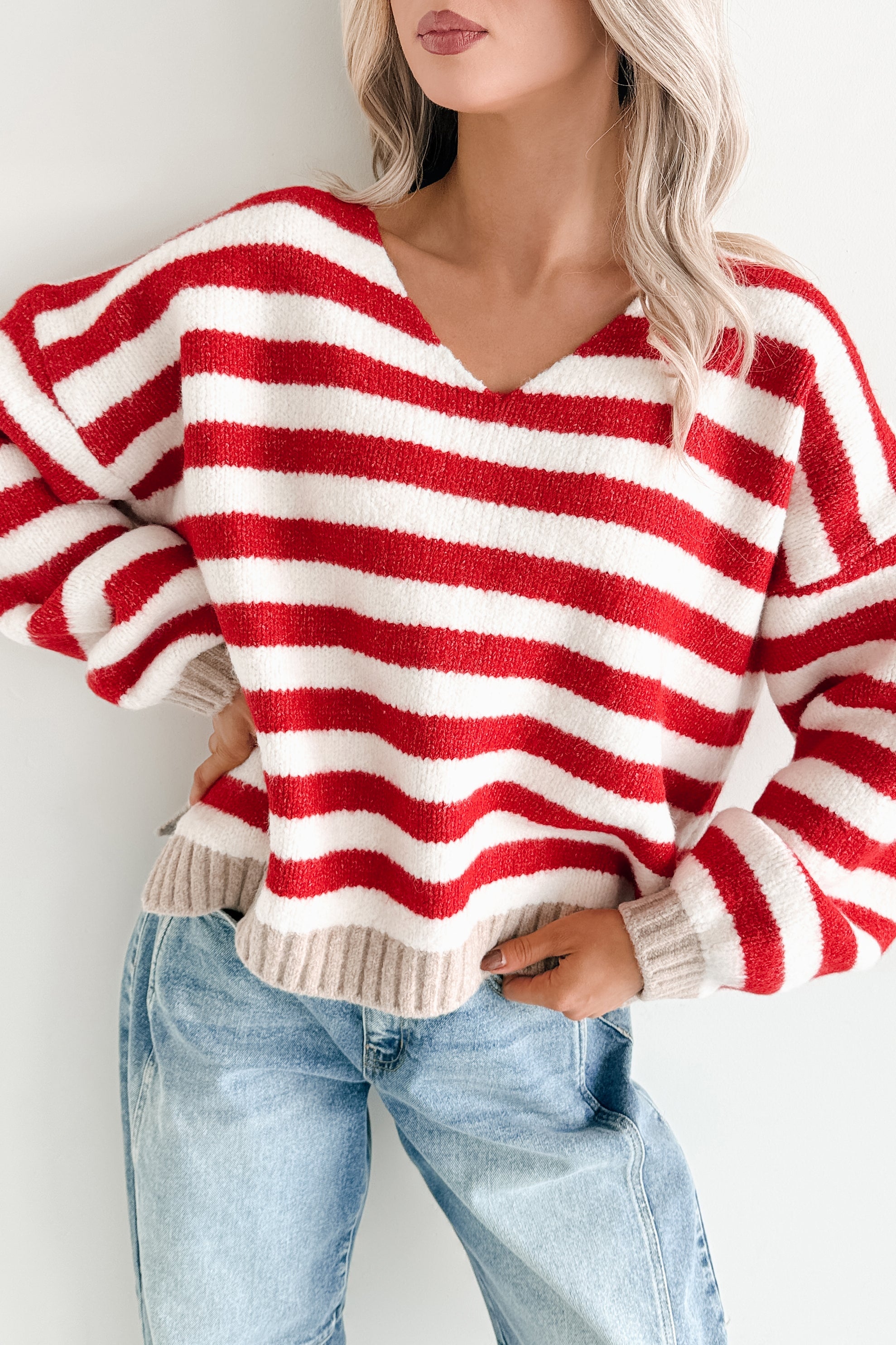 Inspire Me V Neck Striped Knit Sweater (Red/Ivory)
