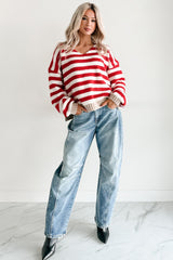 Inspire Me V Neck Striped Knit Sweater (Red/Ivory)