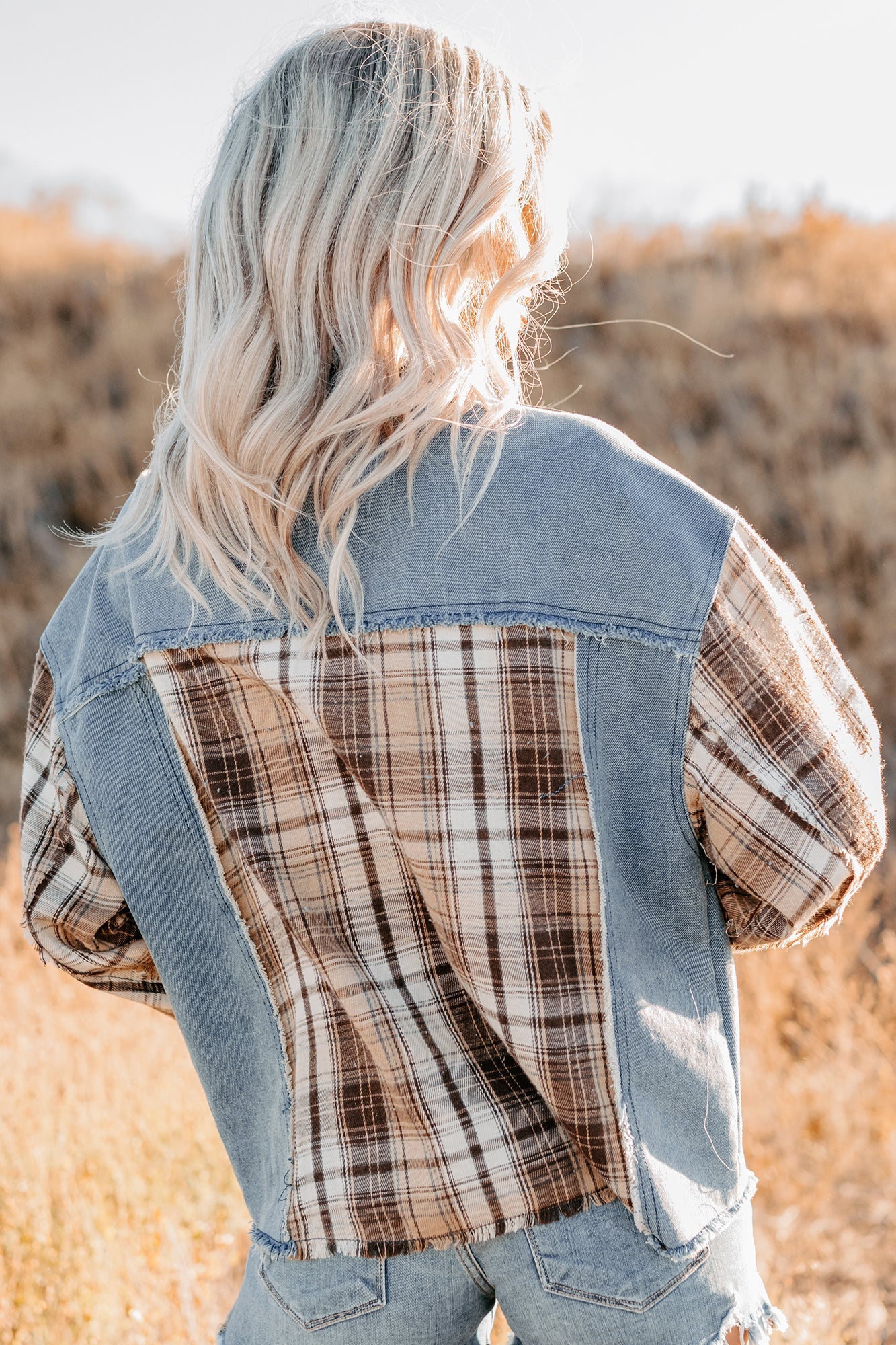 Daily Mode Plaid Denim Mix Jacket (Taupe Blend)