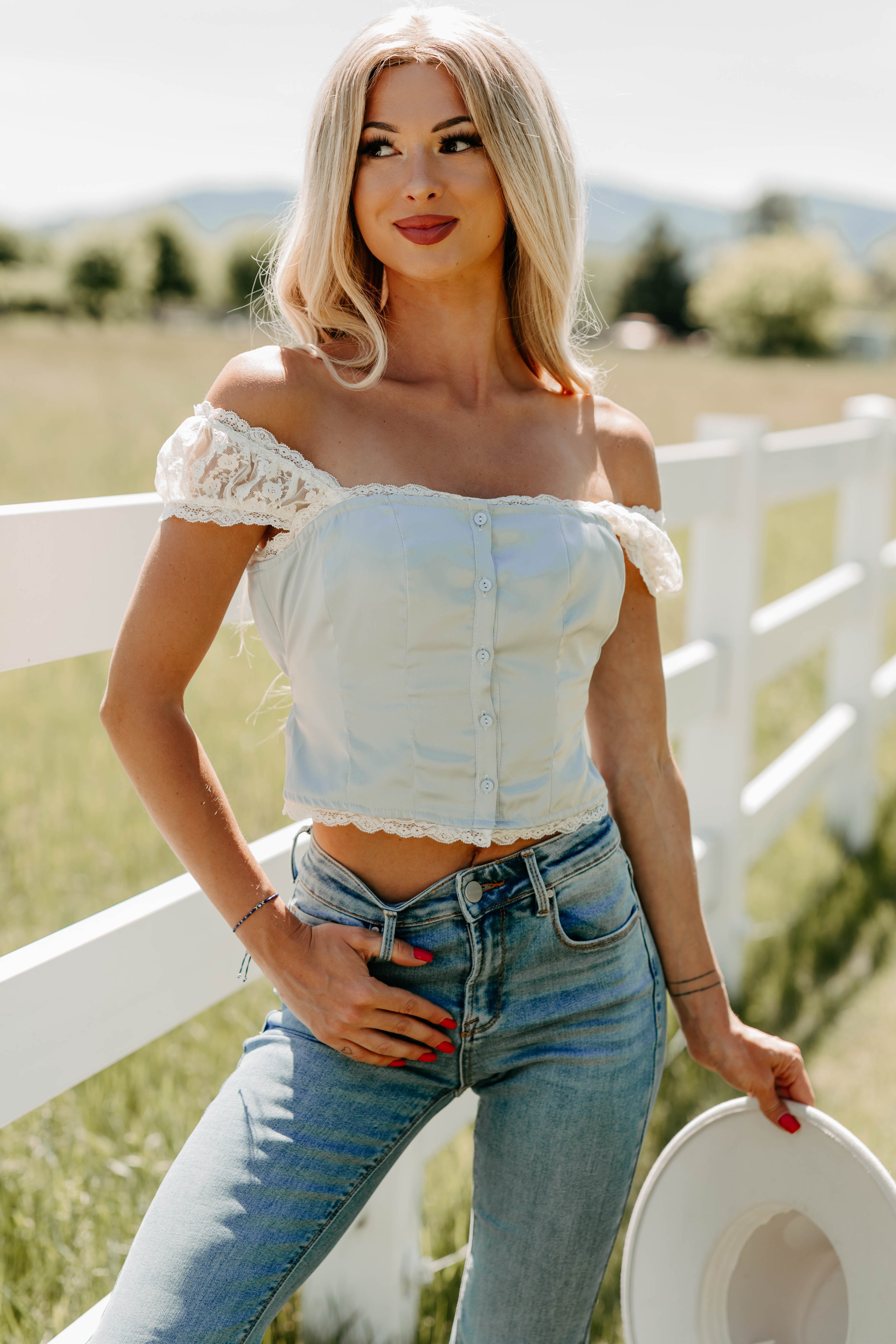Keep It Cute Satin Lace Crop Top (Dusty Blue)