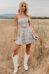 Hold Me Here Strapless Plaid Mini Dress (Light Blue)