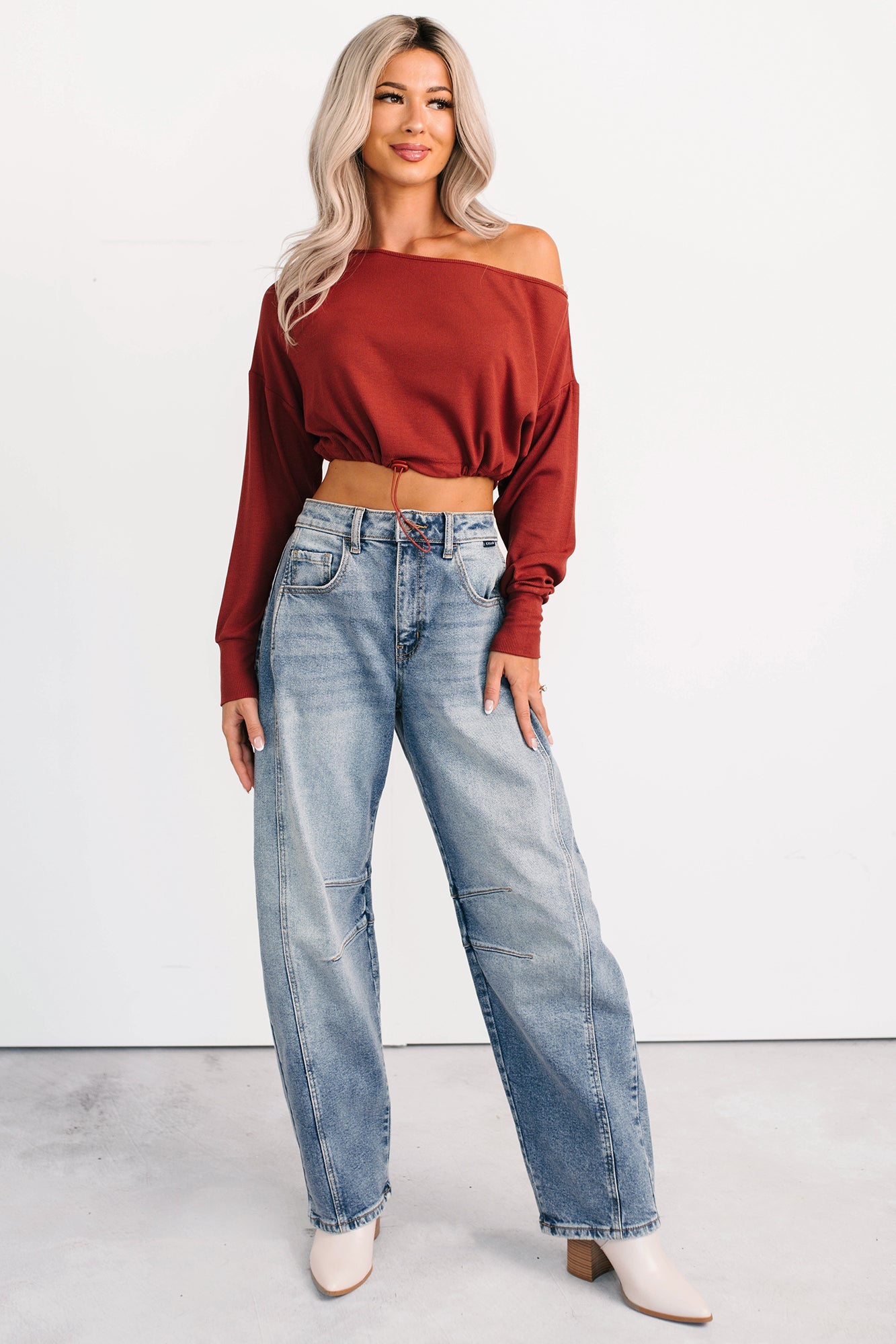 Glow Up Goals Ribbed Off The Shoulder Crop Top (Brick Red)