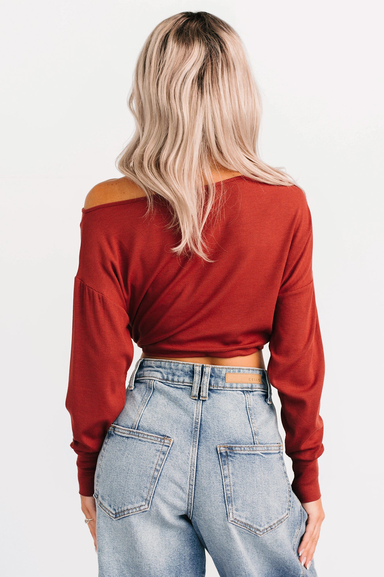 Glow Up Goals Ribbed Off The Shoulder Crop Top (Brick Red)