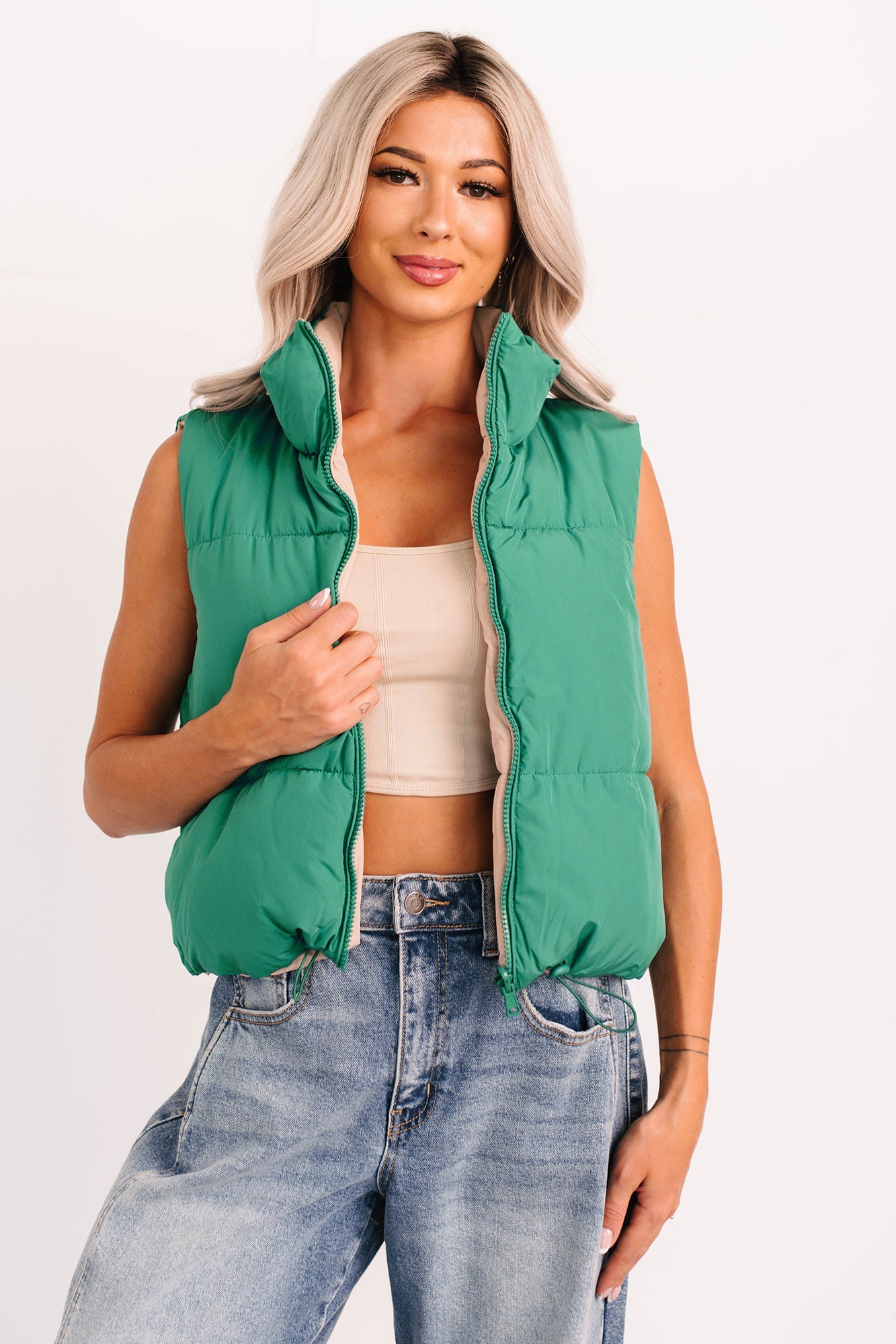On The Reverse Side Reversible Puffer Vest (Green/Beige)