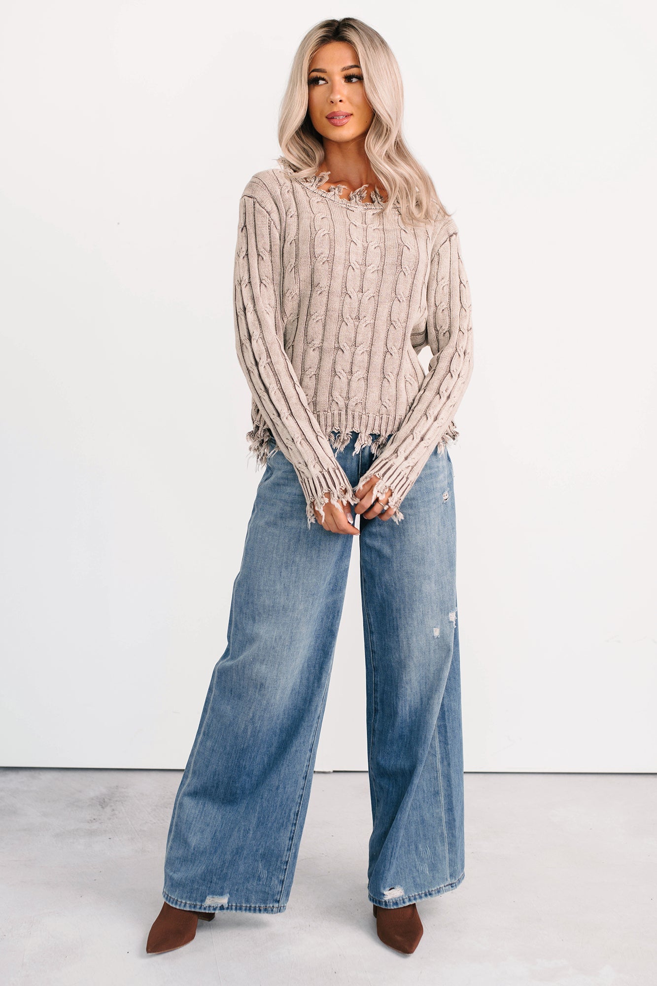 Unwritten Future Cable Knit Fringe Zenana Sweater (Mocha)