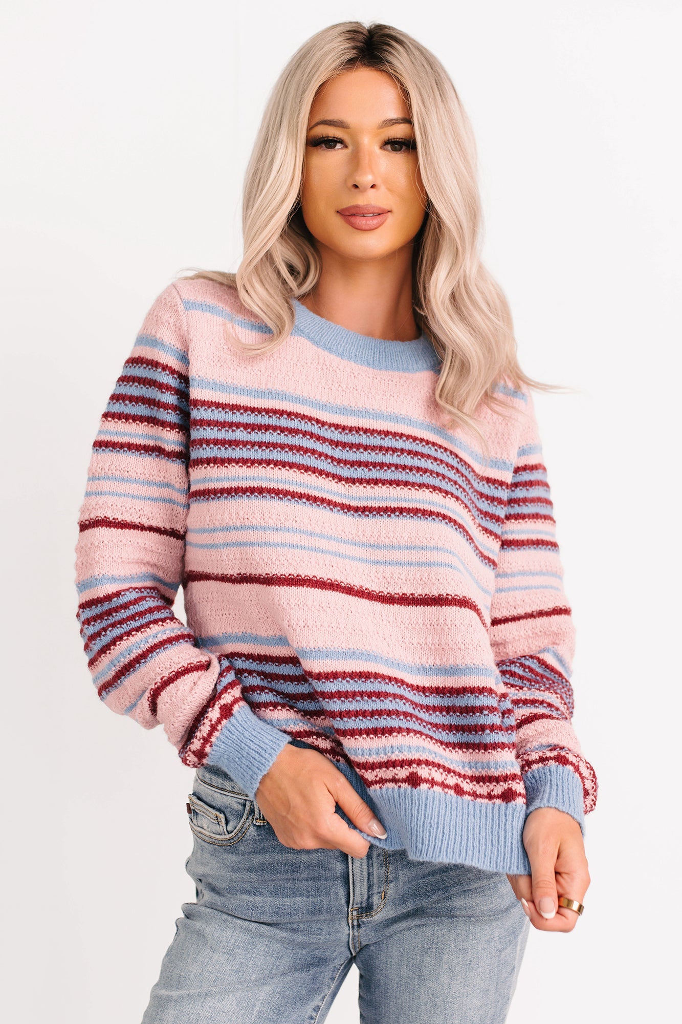 Pure Sunshine Striped Knit Sweater (Pink/Blue/Wine)