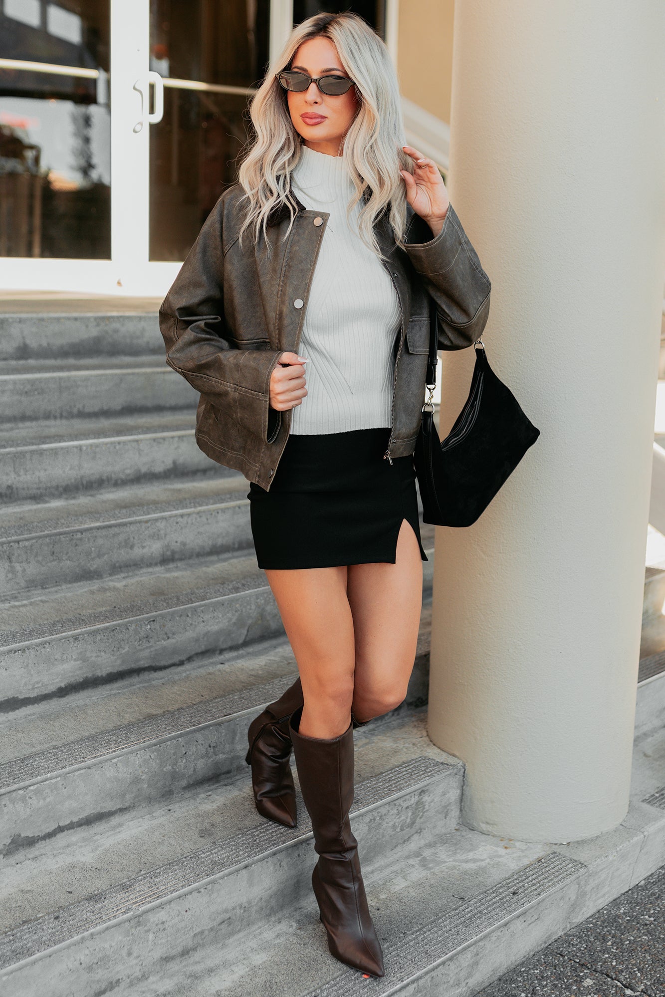Calmly Chic Washed Faux Leather Jacket (Brown)