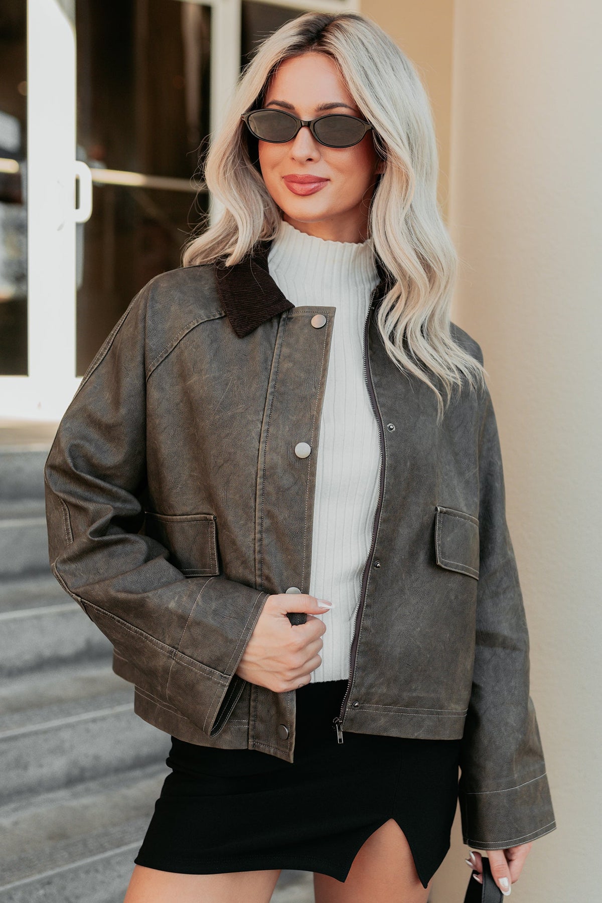 Calmly Chic Washed Faux Leather Jacket (Brown)